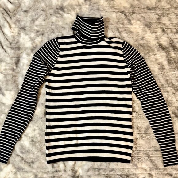 Banana Republic Cotton Cashmere Striped Turtleneck Sweater Navy & Cream Medium - Picture 2 of 10